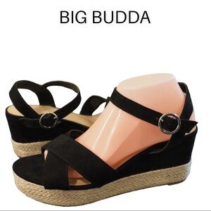 Big Buddha sz 10 black vegan fabric wedge espadrilles